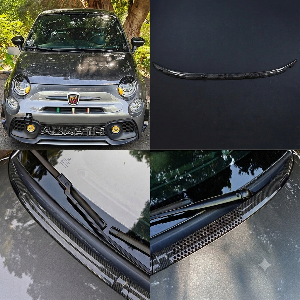 New!! Abarth 500 LHD Carbon Fiber 100% Real Cover Windshield Vierteaguas Cubierta Fibra de Carbono
