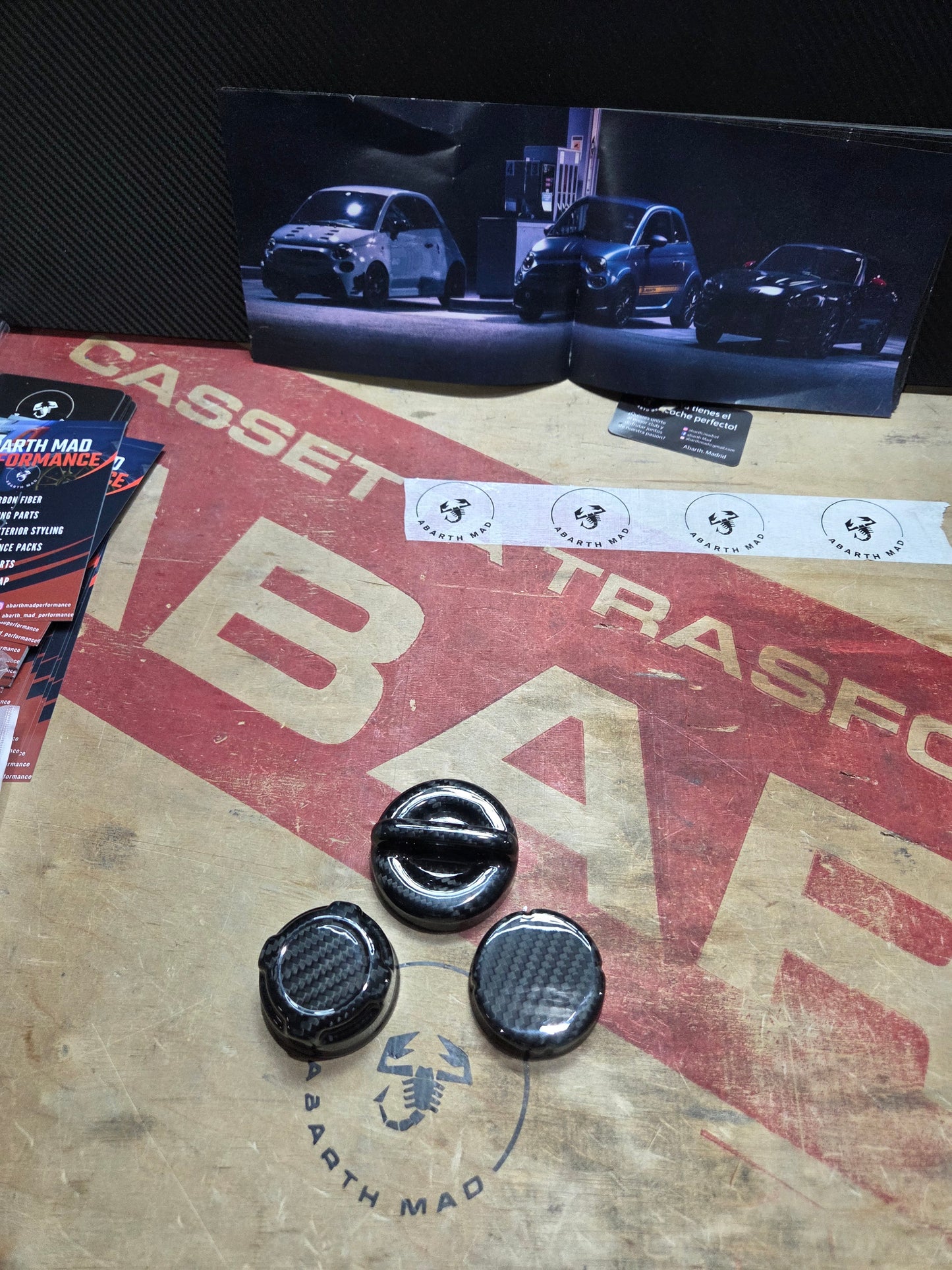 Abarth 500 595 695 Tapones (3) Motor Carbon Fiber Engine Bay Cover Cap Oil, Brake & Water Carbono