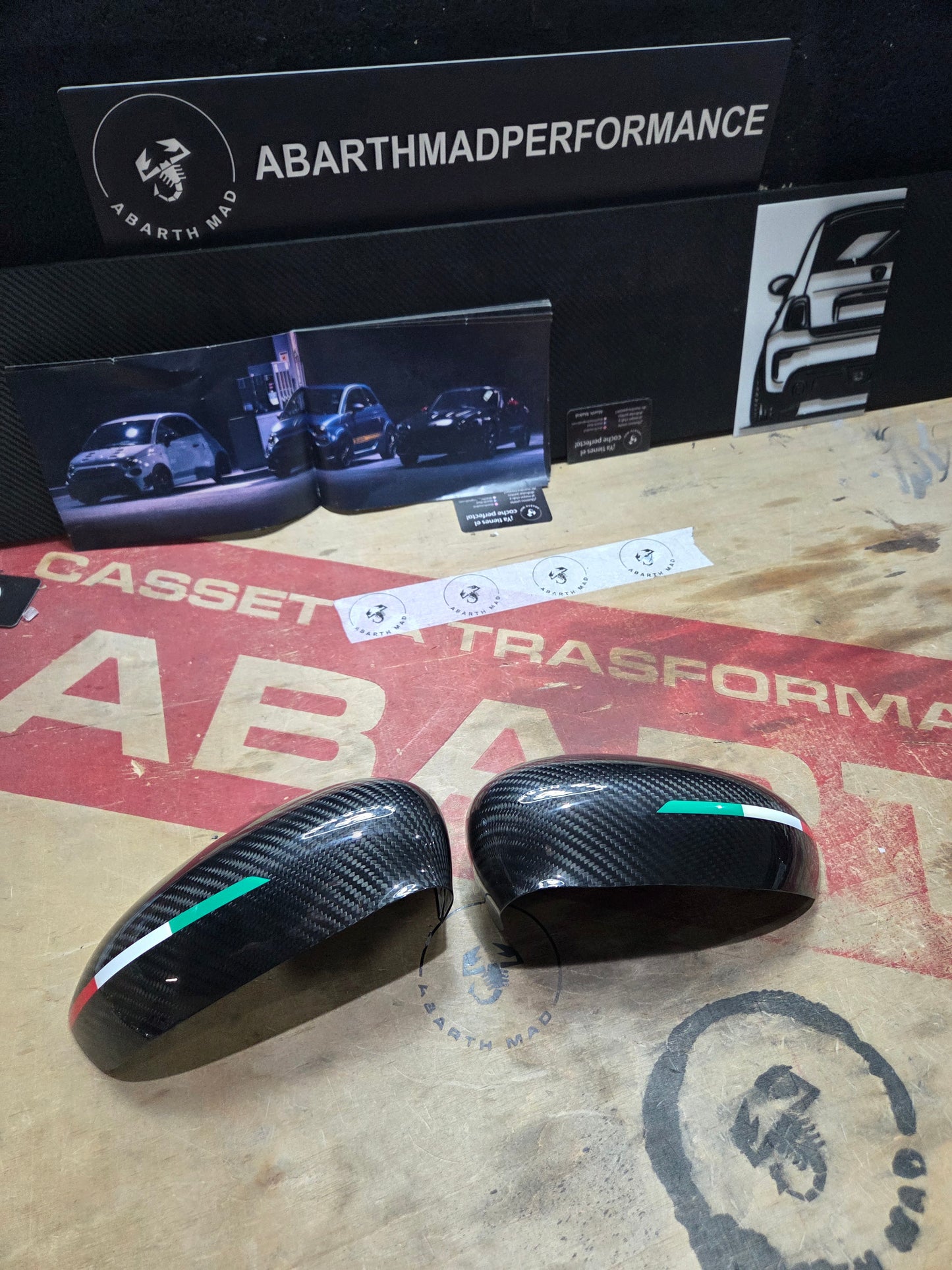 Abarth Fiat Carcasa (2) Retrovisores Espejos Mirrors Fibra de Carbono Italia 🇮🇹 Vinilo Lacado Carbon Fiber