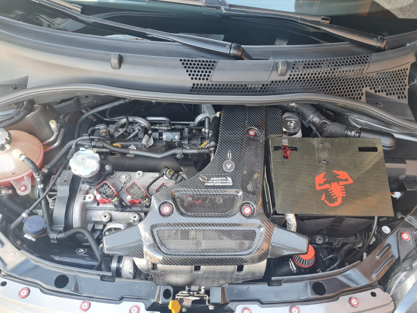 Abarth Fiat Cover Engine Bay Tapa Motor Estético Replica Biposto Fibra de Carbono Real 100%